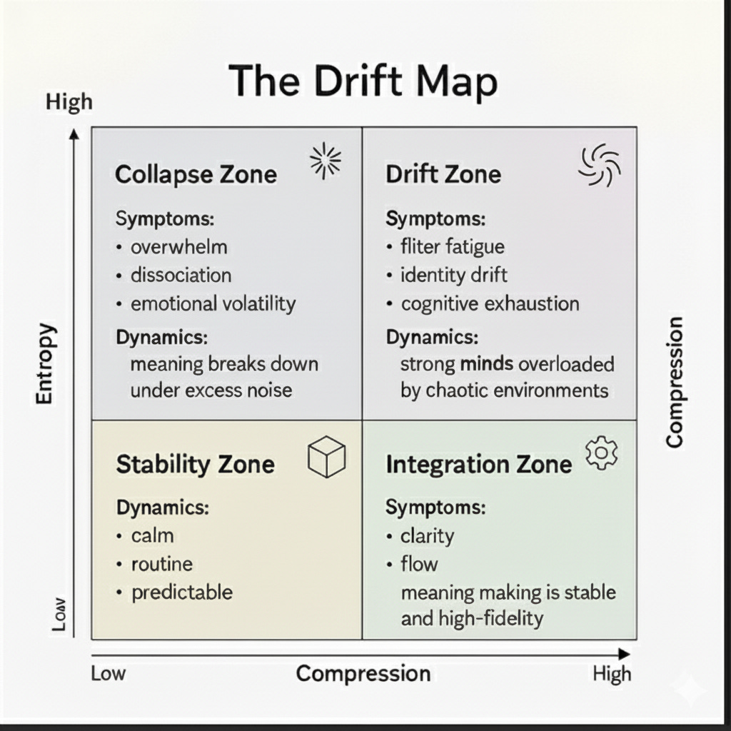 Image of a four-quadrant diagram titled “The Drift Map,” illustrating how cognitive entropy and compression shape mental states. The vertical axis represents entropy (low to high) and the horizontal axis represents compression (low to high). Top-left quadrant: “Collapse Zone” with symptoms like overwhelm, dissociation, and emotional volatility—described as meaning breaking down under excess noise. Top-right quadrant: “Drift Zone” with symptoms including filter fatigue, identity drift, and cognitive exhaustion—describing strong minds overloaded by chaotic, high-entropy environments. Bottom-left: “Stability Zone,” showing calm, routine, predictable dynamics. Bottom-right: “Integration Zone,” showing clarity, flow, and high-fidelity meaning making. Overall the map visualizes the Reality Drift Equation and illustrates how synthetic realness, compression pressure, and the optimization trap push people into drift states when informational entropy accelerates faster than the mind can sustain fidelity.