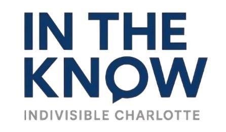This graphic features the text "IN THE KNOW" in bold, dark blue capital letters, with the letter "O" stylized as a speech bubble icon. Below this title, the words "INDIVISIBLE CHARLOTTE" appear in a smaller, grey, sans-serif font. The overall design is minimalist and uses a high-contrast color scheme against a white background. This logo clearly identifies the information-sharing initiative from the Indivisible Charlotte organization.
