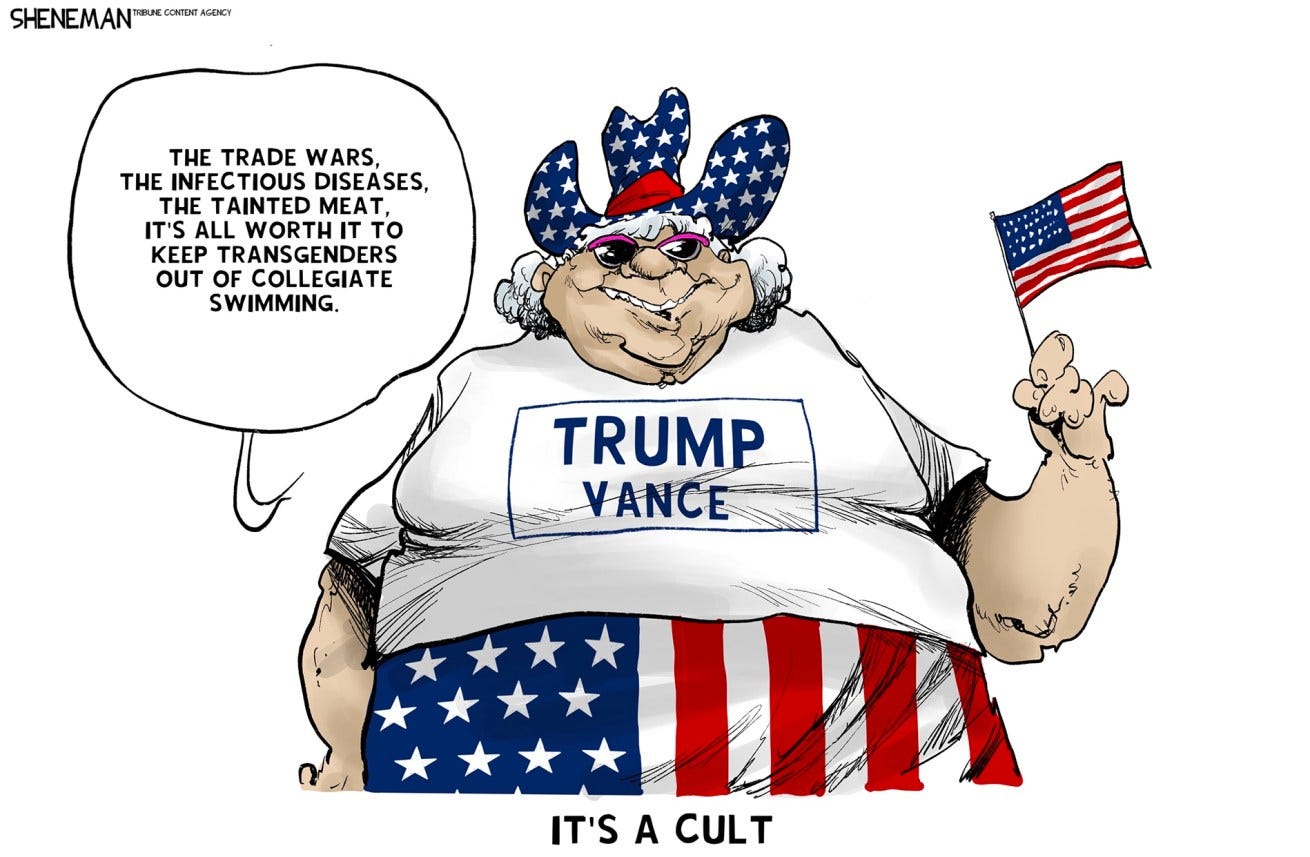 A cartoon depicting a Trump voter saying trade wars and tainted meat are worth it as long as transgender people can't swim. A cartoon depicting a Trump voter saying trade wars and tainted meat are worth it as long as transgender people can't swim.