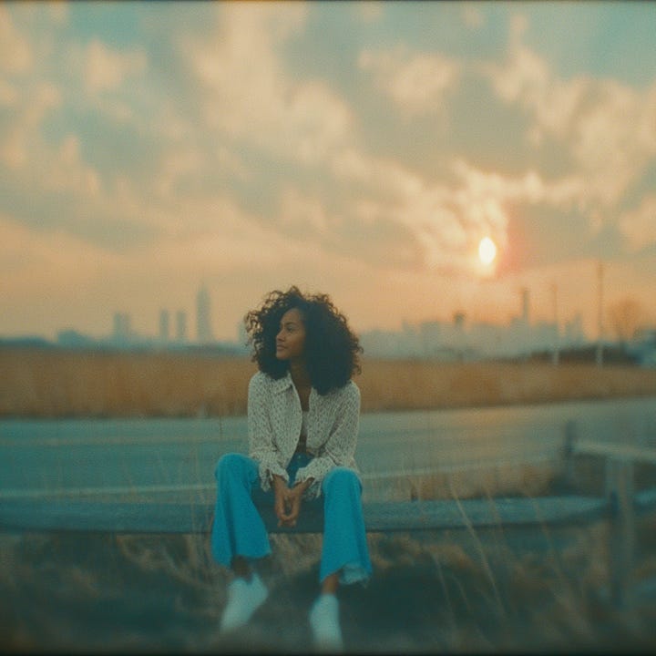 A black woman sits on the fence looking to a city skyline on the horizon.