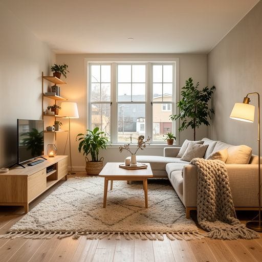 After: warm Scandinavian living room redesign After: warm Scandinavian living room redesign