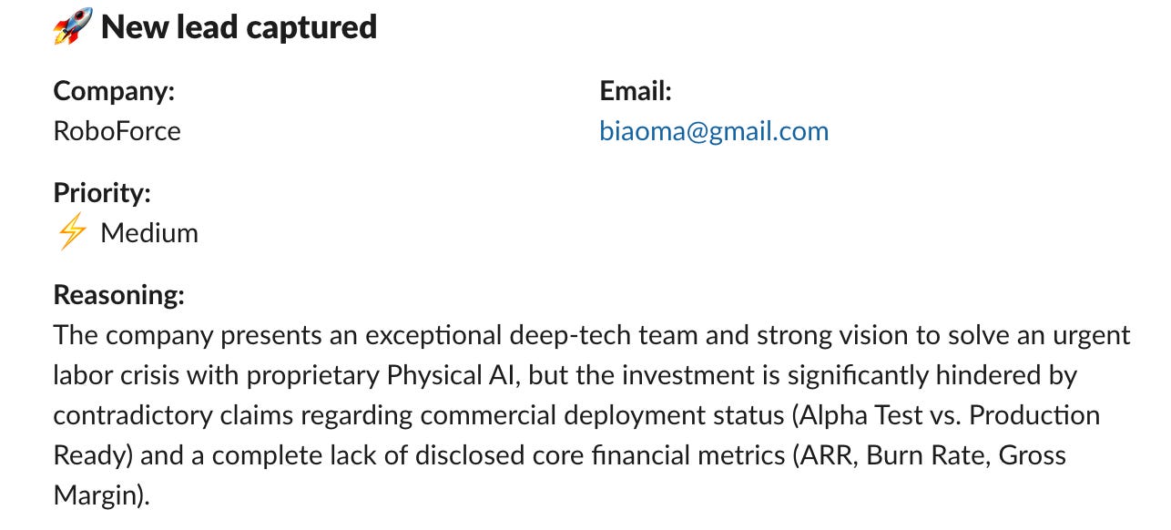 The workflow sends scores above a certain threshold (I’d recommend 75+) directly to your VC Slack sub-channel.