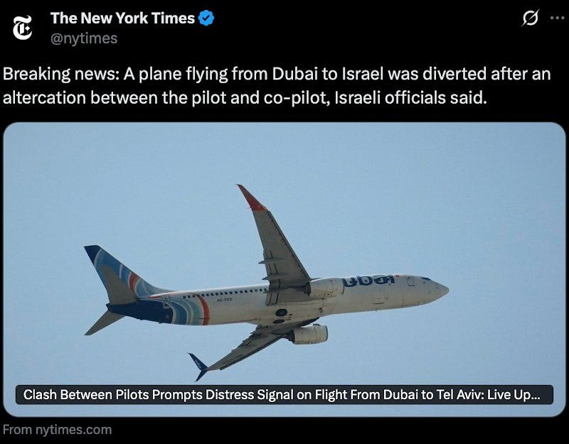 New York Times post on X calling it an altercation between pilots
