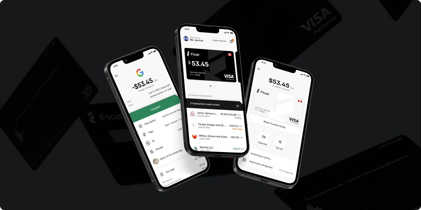 Mobile phones displaying Float’s business finance app. 