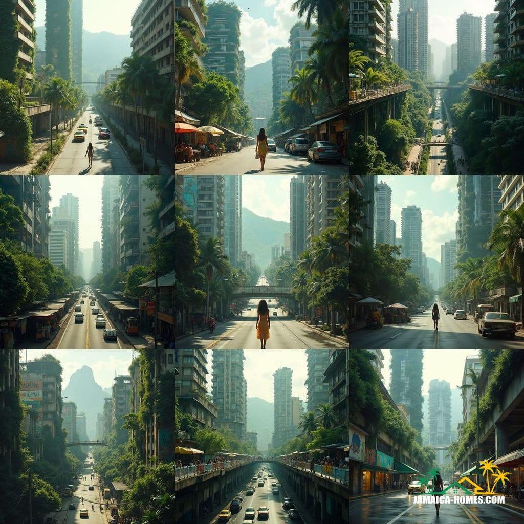 Downtown Kingston's sleek skyscrapers, wrapped in lush greenery and cascading waterfalls, surrounded by Jamaican vendors in sky-level public plazas, reggae murals on lower levels, amidst modern elevated roads, with tropical mountain backdrop, in a cinematic film still, inspired by the styles of Syd Mead, Ash Thorp, and Simon Stalenhag, with film grain, vignette, and color grading, evoking a sense of epic, atmospheric, and dramatic, 35mm film quality.
