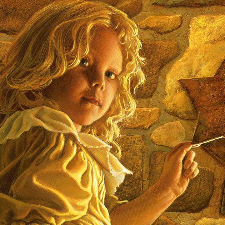 LEFT: Figure detail from LIGHT BEHIND THE STAR featuring a girl in a fancy dress glancing back at the viewer knowingly. Light from the right illuminates her face. Wavy blonde hair frames her shoulders. Behind her varying shapes of rock are seamed together with mortar to form a rough stone wall. RIGHT: Close detail from LIGHT BEHIND THE STAR featuring a red glass heart dangling from the tip of the girl’s index finger by a looped ribbon.