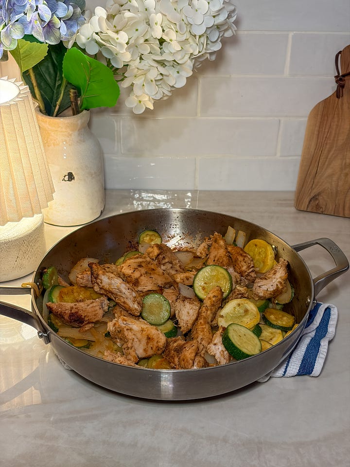 Gluten-free romesco spirulina pasta bowl with garlic shrimp    One-pan chicken & summer squash sauté    Tuscan-style cast iron salmon with cashew basil pesto     Baked paprika drumsticks with sesame green beans