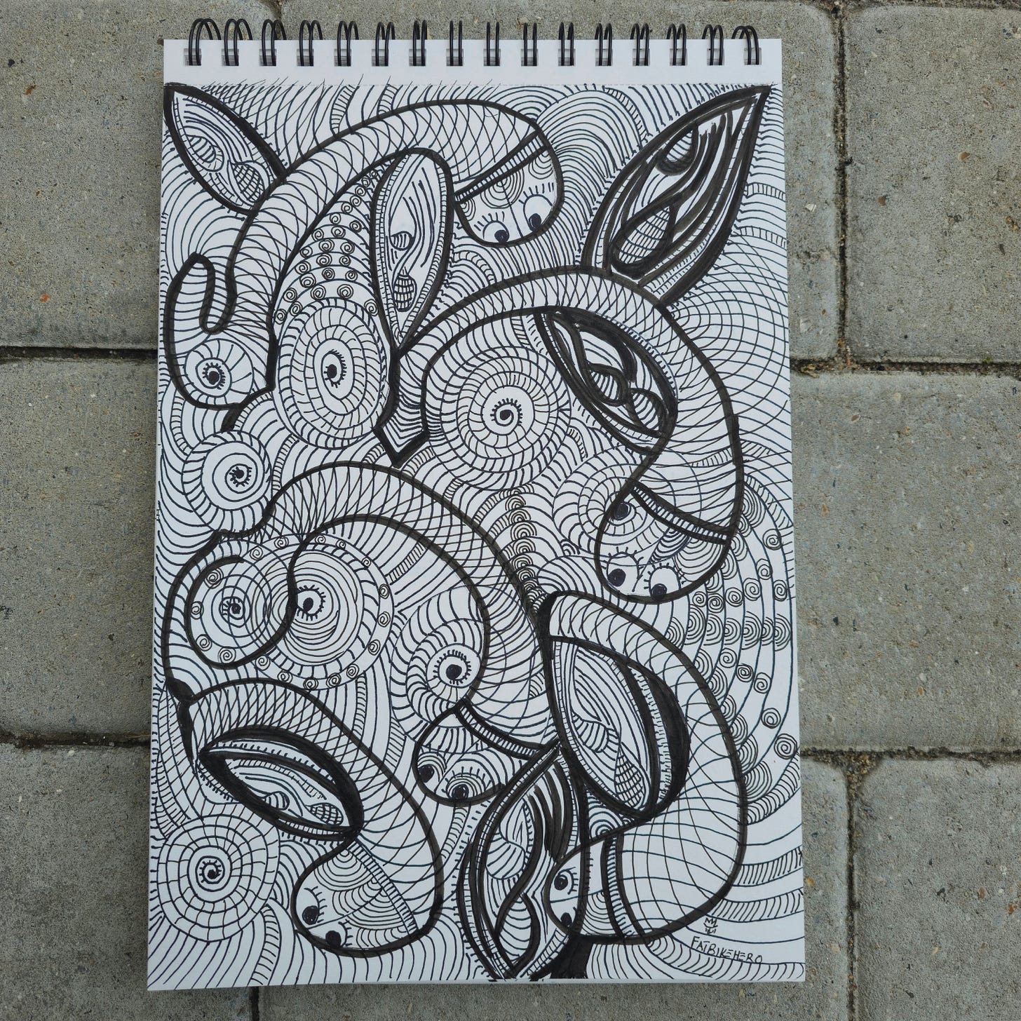 A dense, black-and-white abstract ink drawing titled Rhythm by FatbikeHero. The artwork features swirling, concentric lines and interlocking organic shapes that evoke fluid movement, vibration, and eye-like motifs, representing the chaotic energy of a wild dance or sexual intercourse. A dense, black-and-white abstract ink drawing titled Rhythm by FatbikeHero. The artwork features swirling, concentric lines and interlocking organic shapes that evoke fluid movement, vibration, and eye-like motifs, representing the chaotic energy of a wild dance or sexual intercourse.