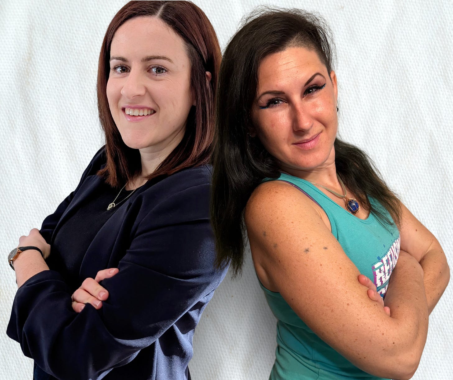 Lyric Rivera & Rebecca Duffus, standing shoulder to shoulder on a white background