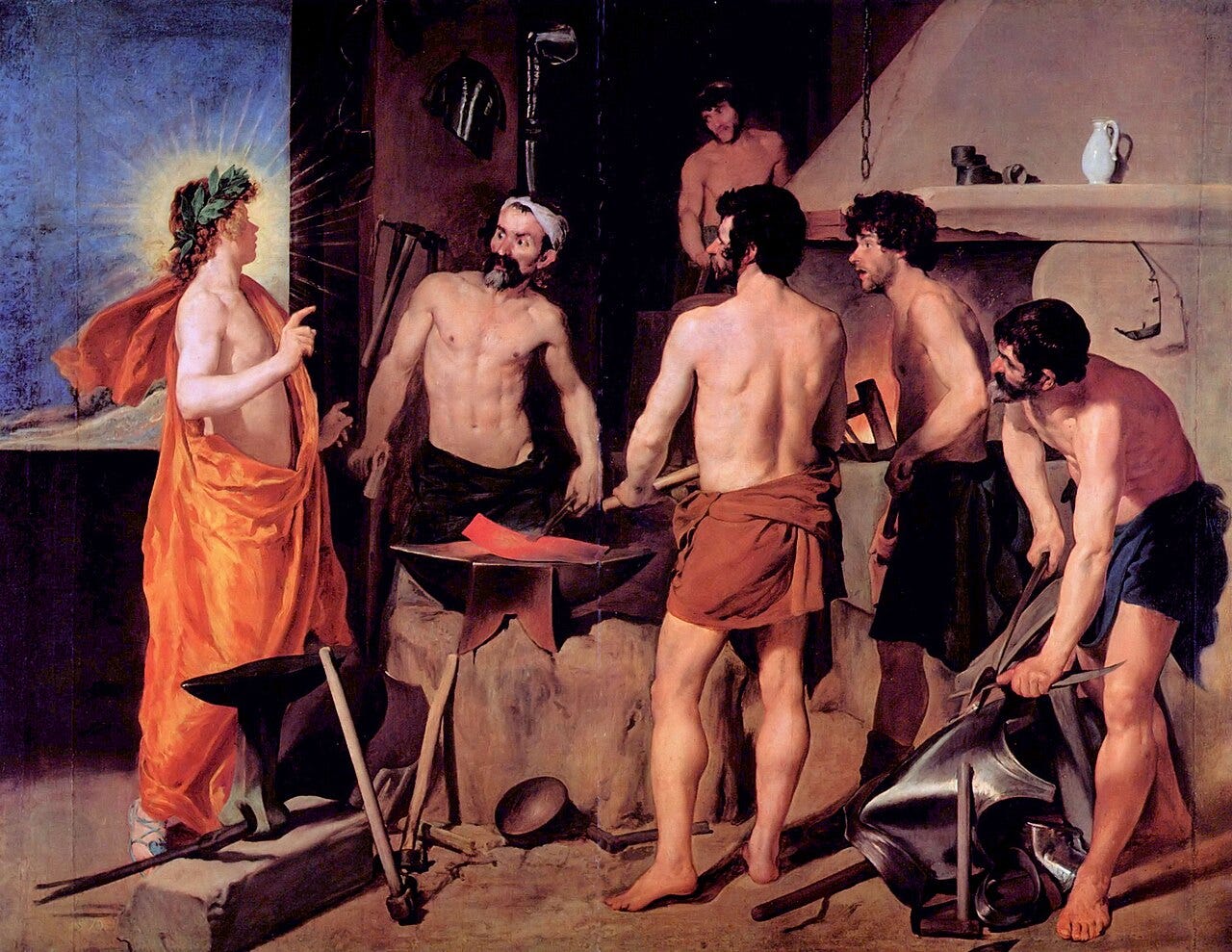 Velázquez's Forge of Vulcan, Apollo in a laurel crown bringing news to Vulcan and his four assistants at the anvil Velázquez's Forge of Vulcan, Apollo in a laurel crown bringing news to Vulcan and his four assistants at the anvil