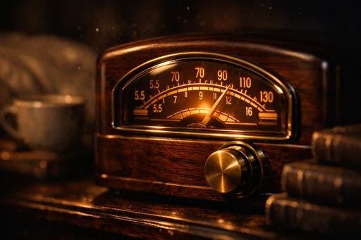 An old radio tuned to a single station in a quiet home, metaphor for long-term partnership narrowing identity to one dominant observer