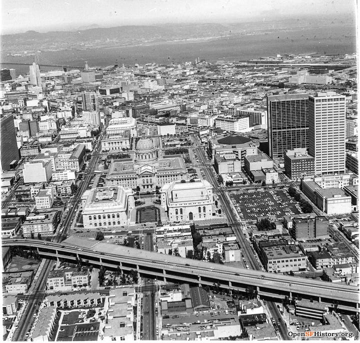 Old photos showing the former Central Freeway running through Hayes Valley.