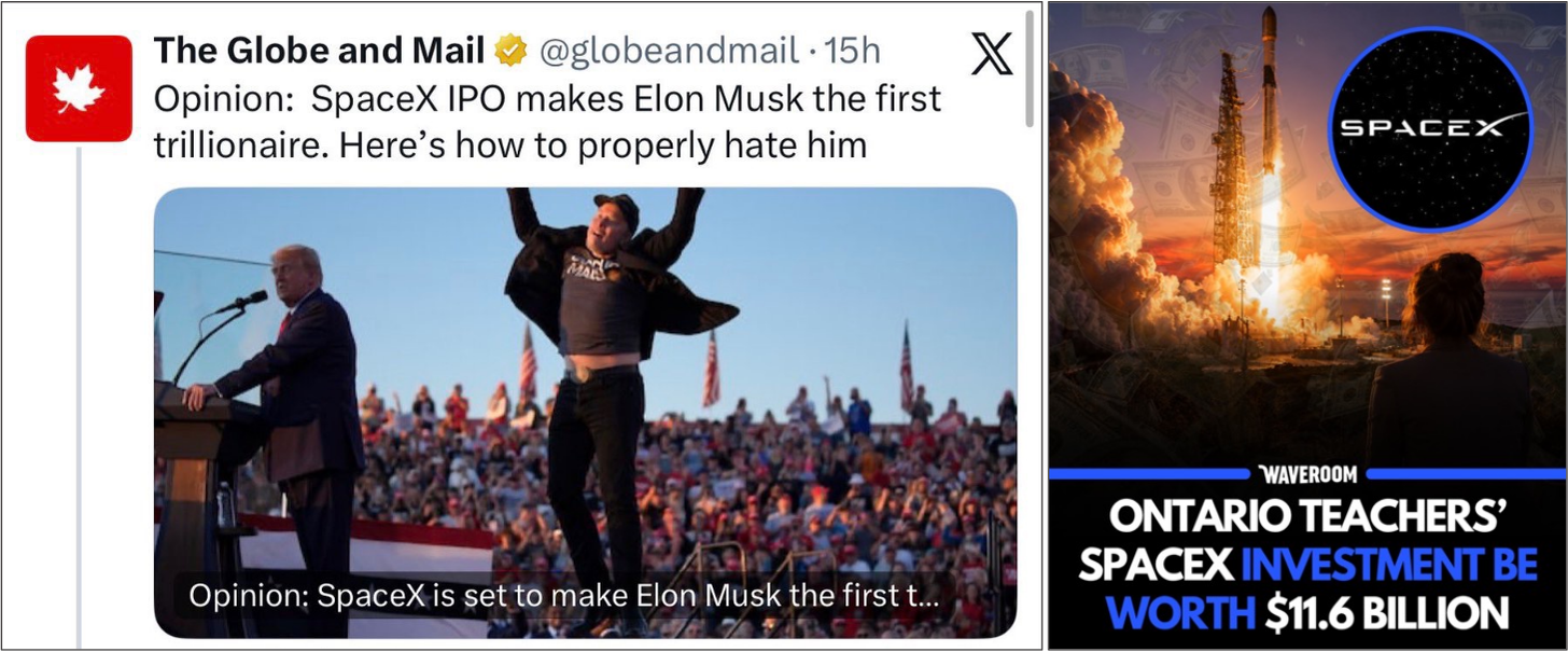 Elon Musk – the world’s first trillionaire – has become a favourite target of Canadian scorn and even hatred amid frayed Canada-US relations, though that didn’t stop a prominent Canadian pension fund from earning billions from investing in Musk’s SpaceX, which in June began trading publicly on the Nasdaq.