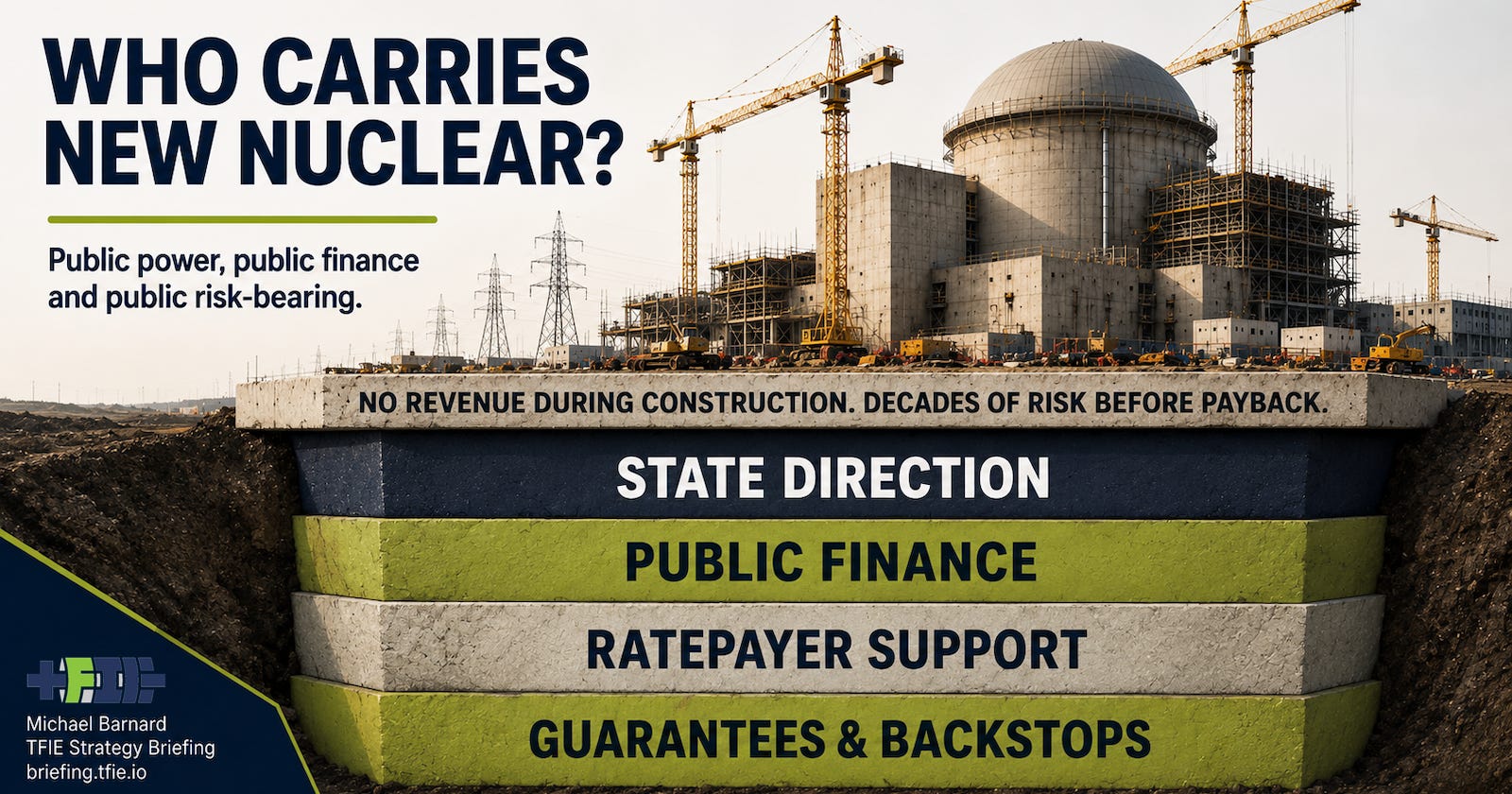TFIE graphic showing a nuclear power station supported by layers representing state equity, construction-period revenue, government support and long-term revenue guarantees, illustrating how public and regulated mechanisms carry much of the financial risk of new nuclear projects.