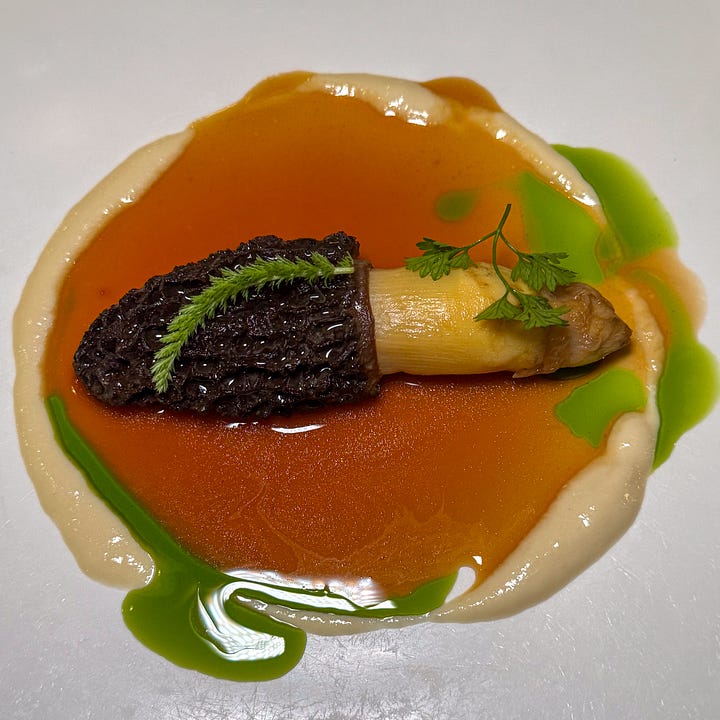 Langoustine cappelletti and rolled green cabbage in a frothy langoustine bisque with A whole dark stuffed morel beside a white asparagus spear, over amber jus and white-asparagus purée