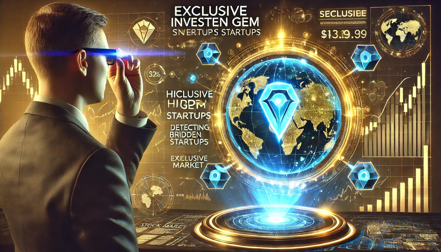 A high-energy, futuristic image showcasing an exclusive investment radar detecting two hidden gem startups on the verge of success. The scene features a venture capitalist analyzing a holographic radar screen with two glowing indicators, symbolizing breakthrough opportunities. In the background, stock market graphs and futuristic tech elements highlight the potential for growth. The color scheme includes gold and electric blue tones to convey exclusivity and financial opportunity.