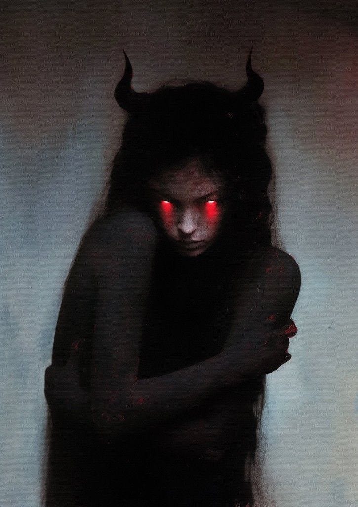 This may contain: a painting of a woman with red eyes and devil horns on her head, hugging This may contain: a painting of a woman with red eyes and devil horns on her head, hugging