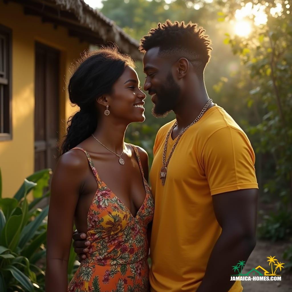 Beautiful Jamaican couple, woman with porcelain skin and sun-kissed hair, man with rich, dark complexion and bright smile, standing together in front of a rustic Caribbean home, warm sunlight casting a golden glow on their loving faces, surrounded by lush tropical foliage, vibrant colors and textures of the island's natural beauty. Inspired by the cinematic styles of Emmanuel Lubezki, Terrence Malick, and Ryan Coogler, with a nostalgic film grain, subtle vignette, and meticulous color grading, evoking the look of 35mm film, shot on a virtual RED V-Raptor XL, with atmospheric lighting and post-processing techniques that enhance the dramatic, epic, and stunning visuals of this live-action masterpiece.