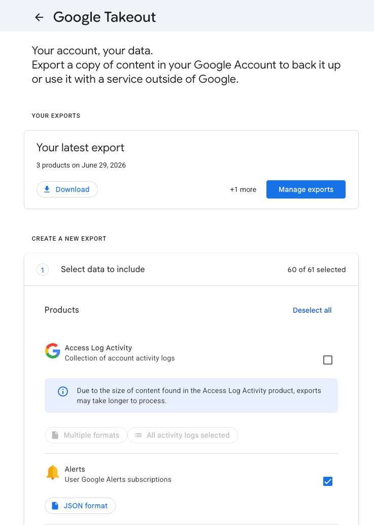 Selecting Saved places in Google Takeout