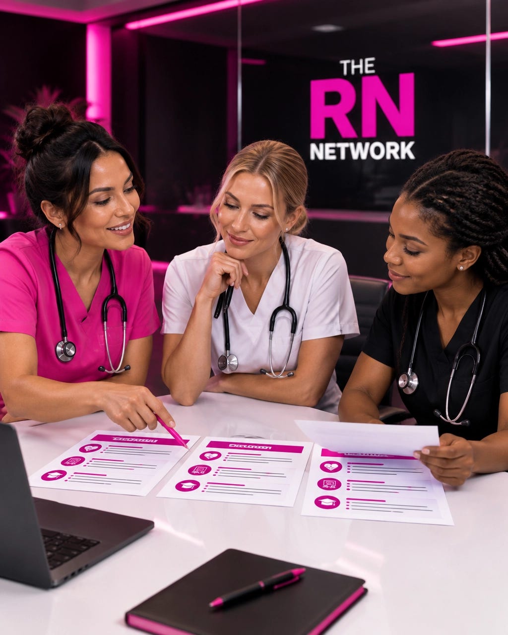 Three registered nurses in pink, white, and black scrubs comparing nursing job postings and highlighting credentials in a modern meeting room Three registered nurses in pink, white, and black scrubs comparing nursing job postings and highlighting credentials in a modern meeting room