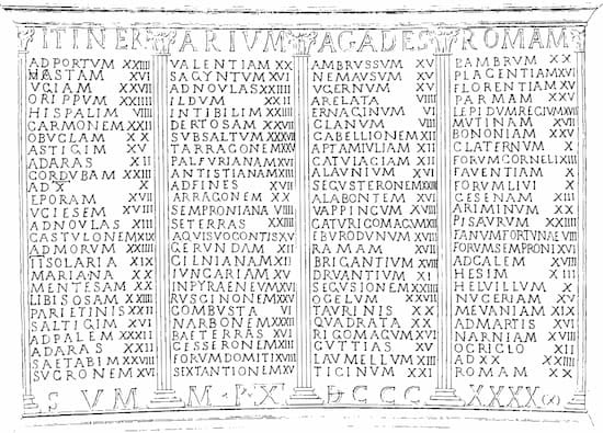Inscripciones de los vasos de Vicarello, un mapa de carreteras de la Antigua Roma