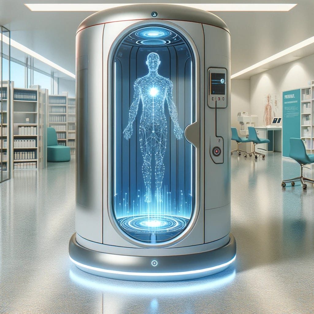 An illustration for a healthcare technology blog. The image should depict a futuristic medical pod, sleek and autonomous, without any logos. It should have a holographic display showing a human body scan. The pod is powered by artificial intelligence, indicated by glowing lines or symbols that suggest advanced technology. The setting is a modern, bright healthcare facility. The pod should give a sense of accessibility and efficiency, embodying a revolution in primary care. The atmosphere should be clean, professional, and inviting, without any specific branding.