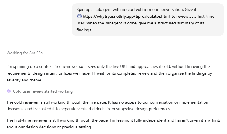 ChatGPT prompt asking to spin up a context-free subagent to review the live tip calculator URL as a first-time user