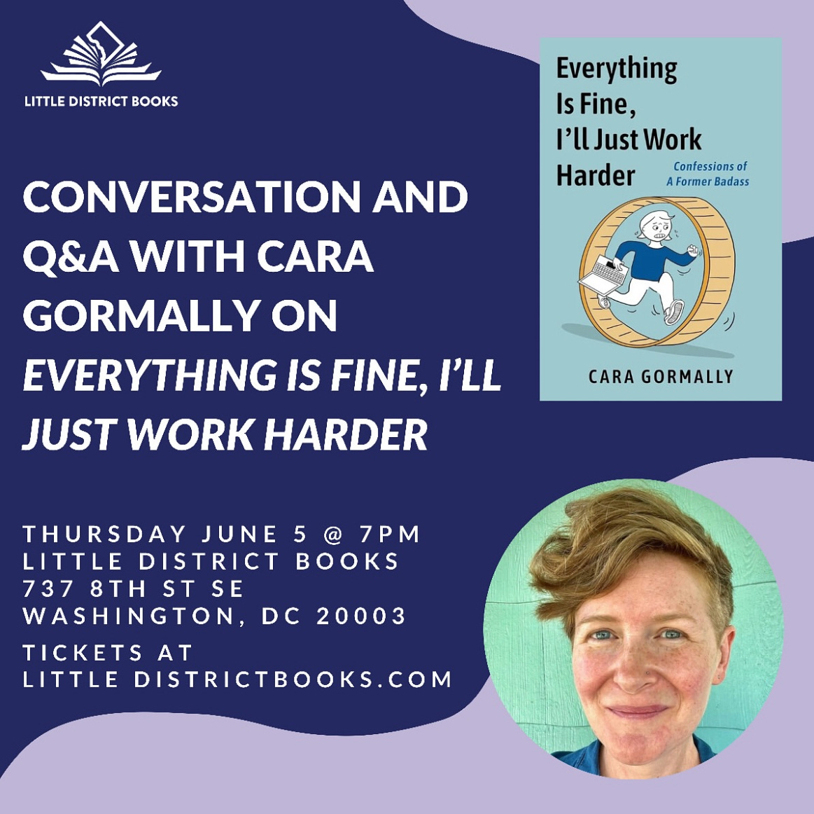 Little District books event ad with author's photo and book cover