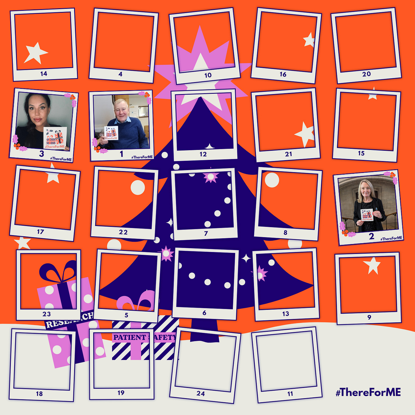 A blue xmas tree decorated with sparkling fairy lights and witha star on the top stands in the show. The sky is a warm red with stars. Under the tree lie 2 presents, labelled "Research" and "Patient Safety". Overlaid over this picture are 24 polaroid frames, numbered 1-24. They are all empty except for numbers 1, 2 and 3. They show the pictures (included in the post below) of Dr William Weir, Jo Platt MP, and Natasha Devon, each holding a #ThereForME Christmas card.  