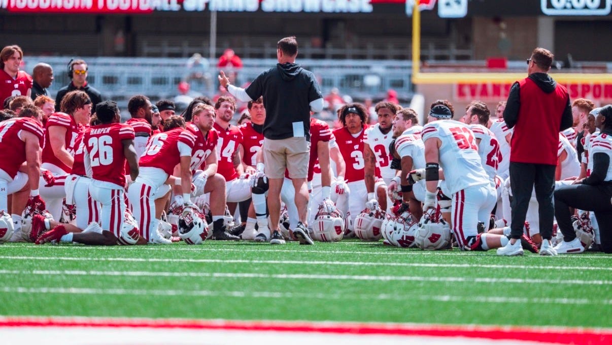 Wisconsin Badgers head coach Luke Fickell addresses the team inside Camp Randall Stadium following the Spring Showcase