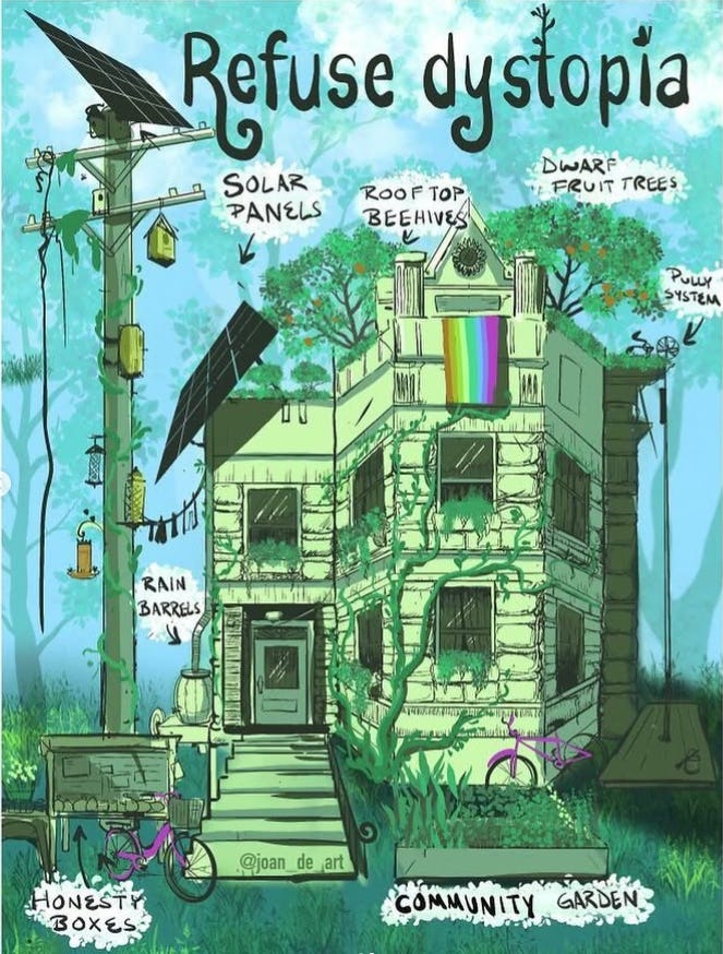 An old 3 story house revamped with solarpunk features like a rain barrel, community garden, solar panels, and greenery all around. Its done in a stylistic way with the phrase 'Refuse Dystopia' at the top.