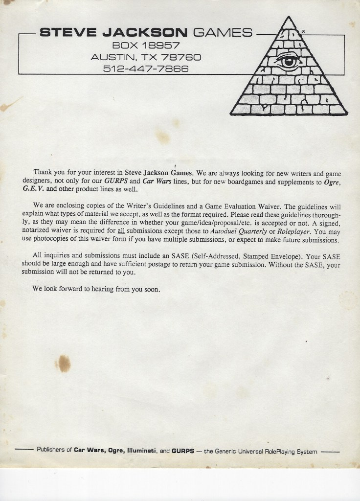 Steve Jackson Games Submission Letter 1987