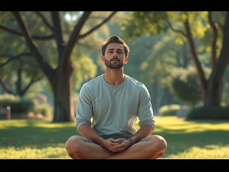 The image prominently features the concept of “The Productivity of Stillness.” A 30-year-old, serene Caucasian individual sits in a peaceful environment. It is a tranquil park or a calm indoor space where they are reflecting quietly. The composition emphasises quietness and introspection, capturing the essence of mindfulness. Soft, natural lighting conveys warmth and calmness. The style is soothing and minimalist, focusing on the individual’s expression of clarity.