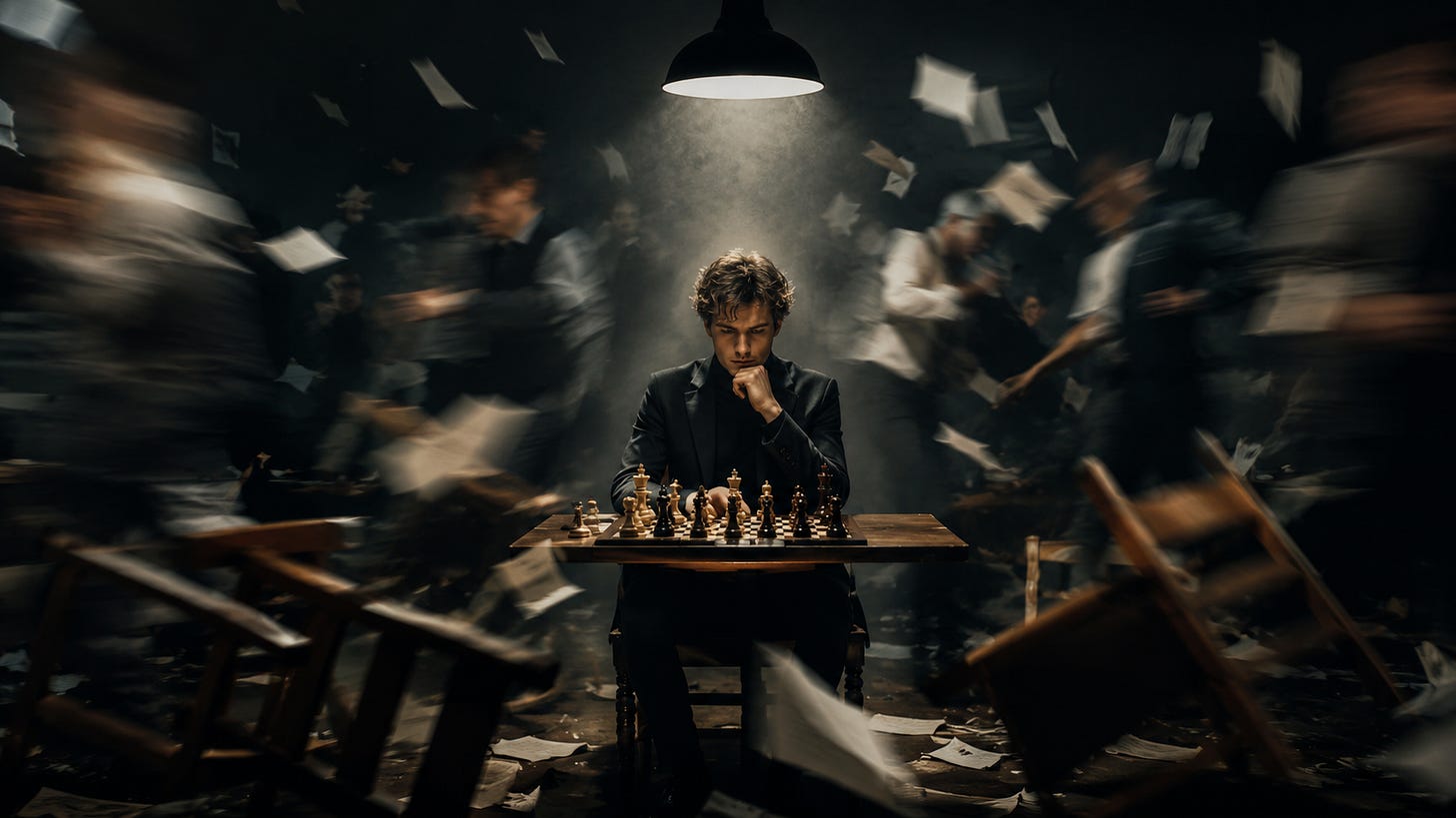 A calm chess player sits under a spotlight while chaos, flying papers, and blurred motion unfold around him. A calm chess player sits under a spotlight while chaos, flying papers, and blurred motion unfold around him.
