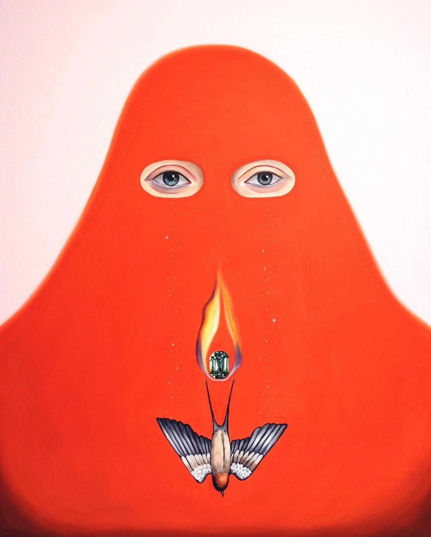 Mariko Enomoto in a red cap. Bird. Fire.
