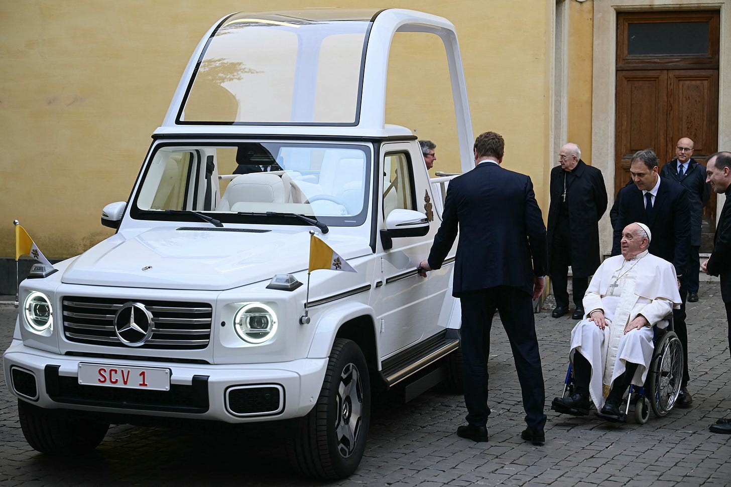 Pope Francis is presented a new, fully electric popemobile at the Vatican on Dec. 4. Credit: Filippo Monteforte/AFP via Getty Images Pope Francis is presented a new, fully electric popemobile at the Vatican on Dec. 4. Credit: Filippo Monteforte/AFP via Getty Images