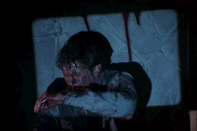 In The Evil Dead (1981), Ash sees a film projector come to life projecting blood running down the screen. This was a tribute to Andy Grainger, an early investor in the ED In The Evil Dead (1981), Ash sees a film projector come to life projecting blood running down the screen. This was a tribute to Andy Grainger, an early investor in the ED