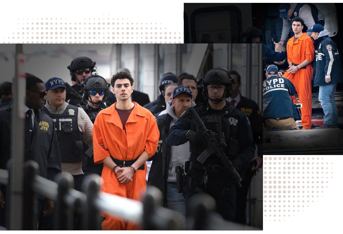 Pic of Luigi Mangione's perp walk where he is wearing all bright orange