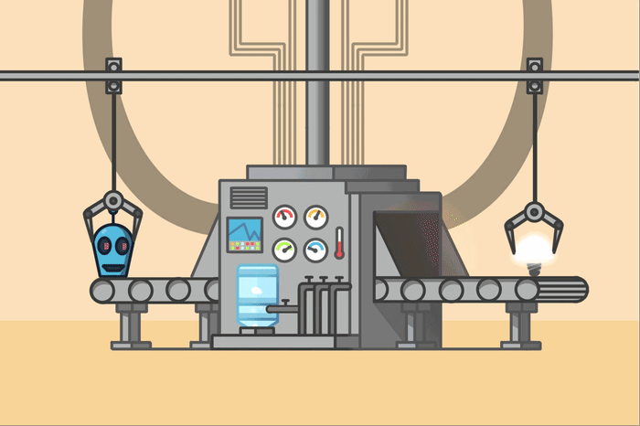 Animated illustration of a robot head moving down a conveyor belt, then a lightbulb moving down the conveyor belt.