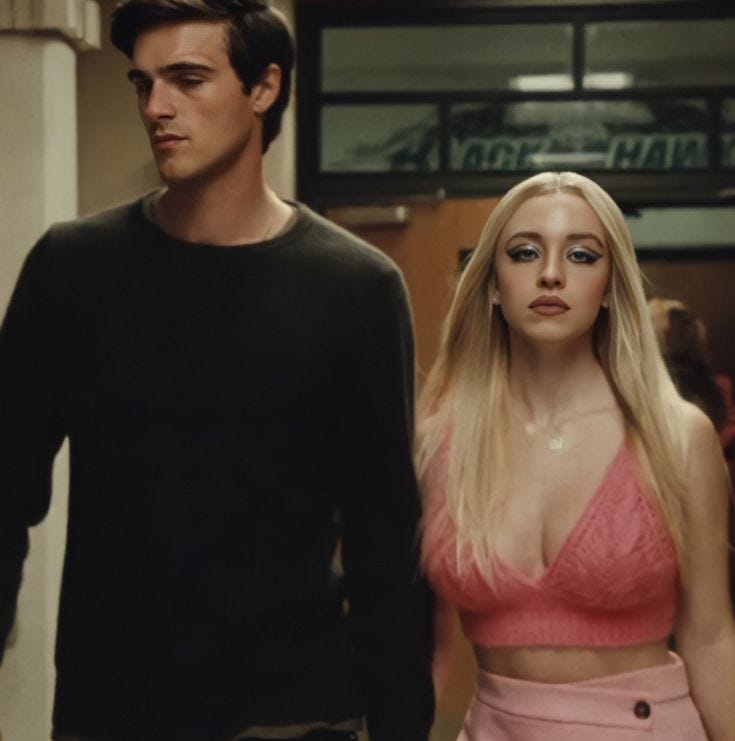 This may contain: a man and woman walking down a hallway