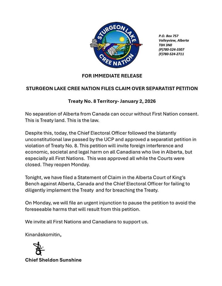 Official letters and statements from the Sturgeon Lake Cree Nation, the Blood Tribe, and Chiefs representing Treaty 6, Treaty 7, and Treaty 8 Nations, issued in January 2026, opposing Alberta separation efforts and affirming that treaty obligations and First Nation consent are required under Canadian constitutional law.
