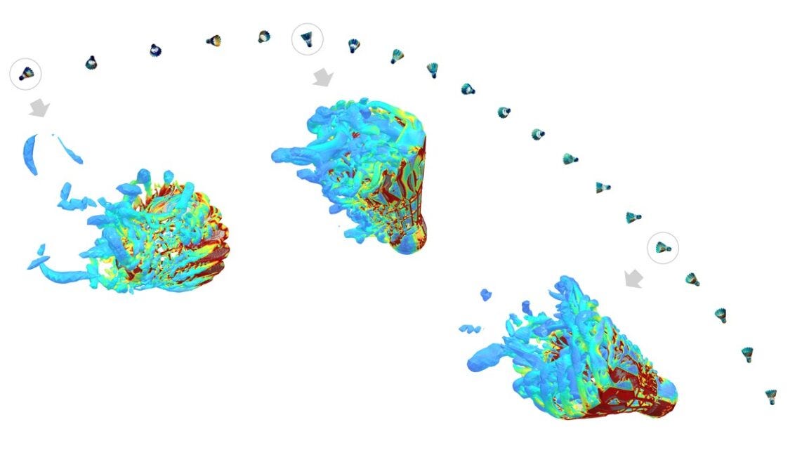 The trajectory and surrounding airflow of a shuttlecock during a spin serve.