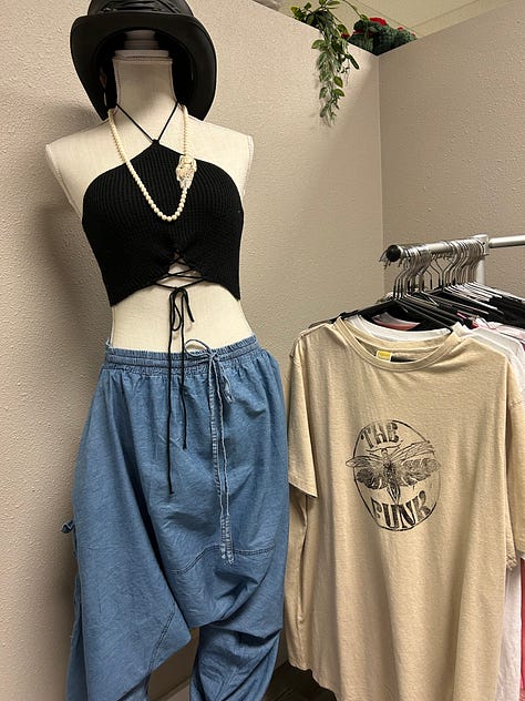 Collage of five images including a tattoo chair, women's clothing mannequin, display of earrings, greenery wall in a craft room, and small room with a sign that says "tarot".