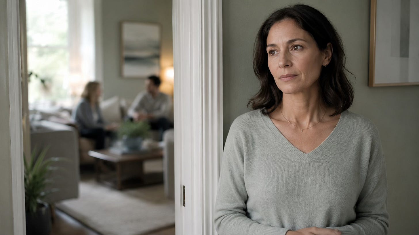 Woman standing quietly outside a room, symbolizing the protective pattern of reading the room and keeping the peace.