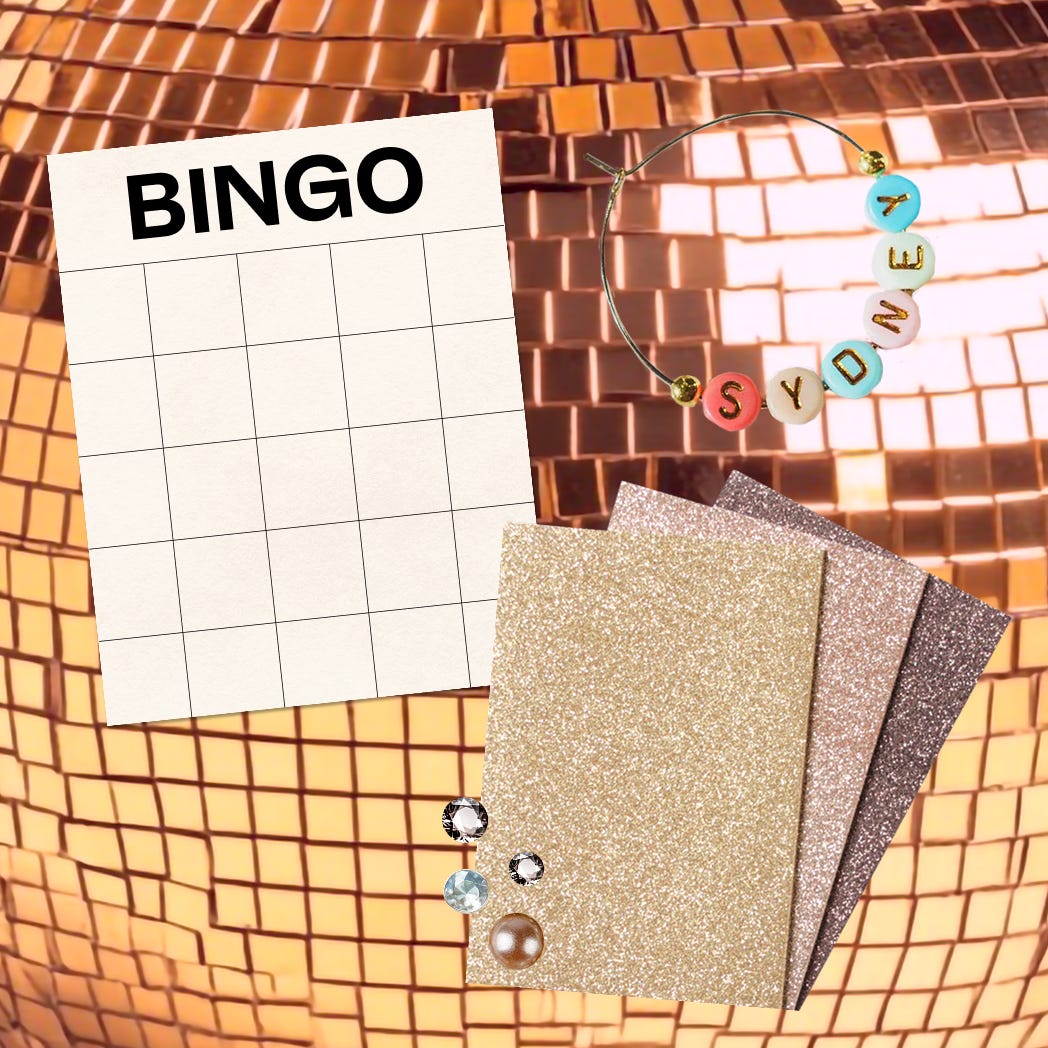 A collage showing a blank bingo card, a stack of sparkly journals, and a friendship bracelet