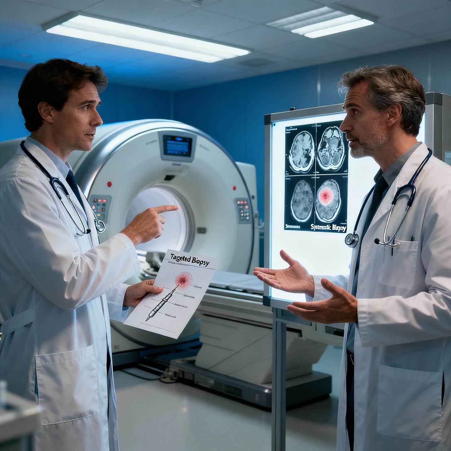 Photorealistic MRI scanner scene with doctors debating prostate biopsy methods.