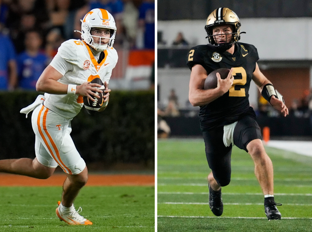 Tennessee quarterback Joey Aguilar, in a white jersey, and Vanderbilt quarterback Diego Pavia in black.