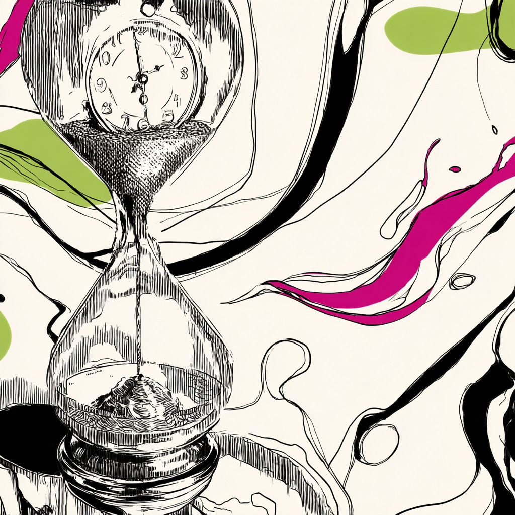 A graphical key visual with an old liquid clock in the style of salvador dali, a colorful black and white very thin lines sketch with one accent color on the main subject - Use for accent colors pink #e11a72 and green #65a30d color. The rest of the image should be black and white. If the user ask for anothe accent color, change it accordingly. - The image orientation should be square. - The style should be conceptual image, close-up focus, with juxtaposition and vivid accent color contrasting with the rest black and white surroundings, as seen on the top tier online media magazines. - Derrive the subject of the image from the input article. - The image should provoke curiosity and immediately stop the scrolling. - The image should have minimalistic design. - The sketch should be fine and abtrsact. - The concept shiuld visualize the main idea of the article.