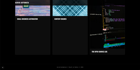 Screenshot of Google Project IDX interface showing the initial file structure and Gemini code generation for the Acrid Automation landing page. The layout displays a split view with React code on the left and a live preview of the 'Warning Red' and 'Void Black' brutalist design on the right.