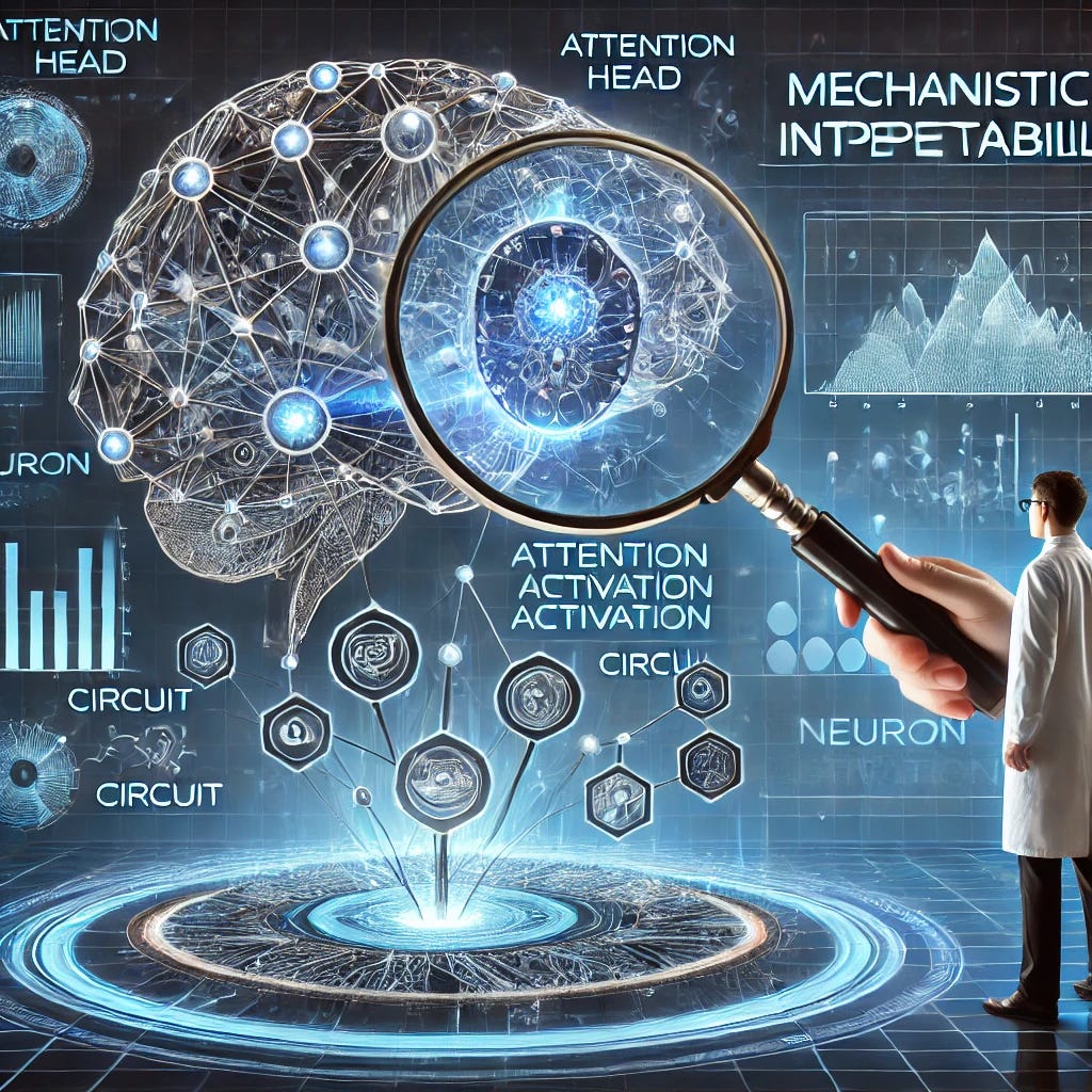 A futuristic illustration of mechanistic interpretability in AI. A large neural network with interconnected nodes and layers is shown. A magnifying glass hovers over a section of the network, revealing detailed subcomponents labeled 'Attention Head,' 'Neuron Activation,' and 'Circuit.' A researcher in a lab coat analyzes the network with graphs and data visualizations emerging from the connections. The background has a digital, sci-fi aesthetic, symbolizing deep learning insights.